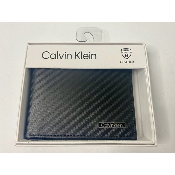 Calvin Klein Men's RFID Leather Carbon Fiber Texture Wallet Black Bifold - Picture 1 of 7